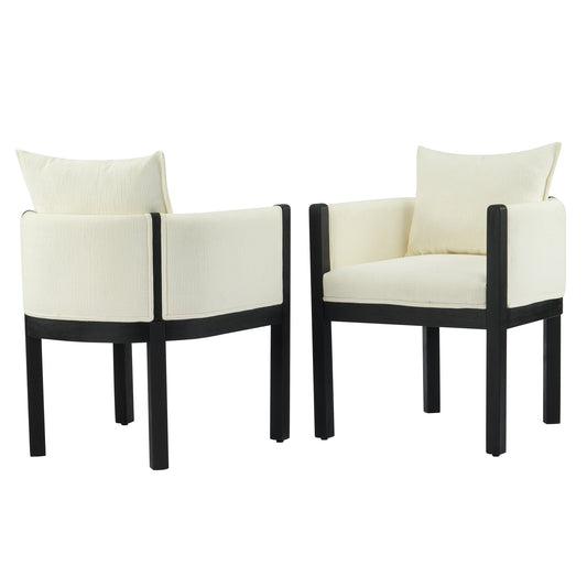 Linen Upholstered Armchair with Black Rubber Wood Legs in White (Set of 2)