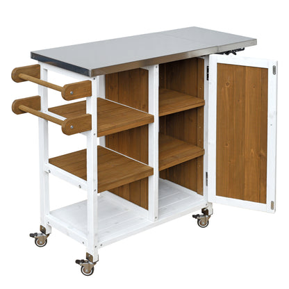 Foldable Outdoor Kitchen Island with Stainless Steel Worktop and Wood Frame, White+Brown, Portable Prep Station