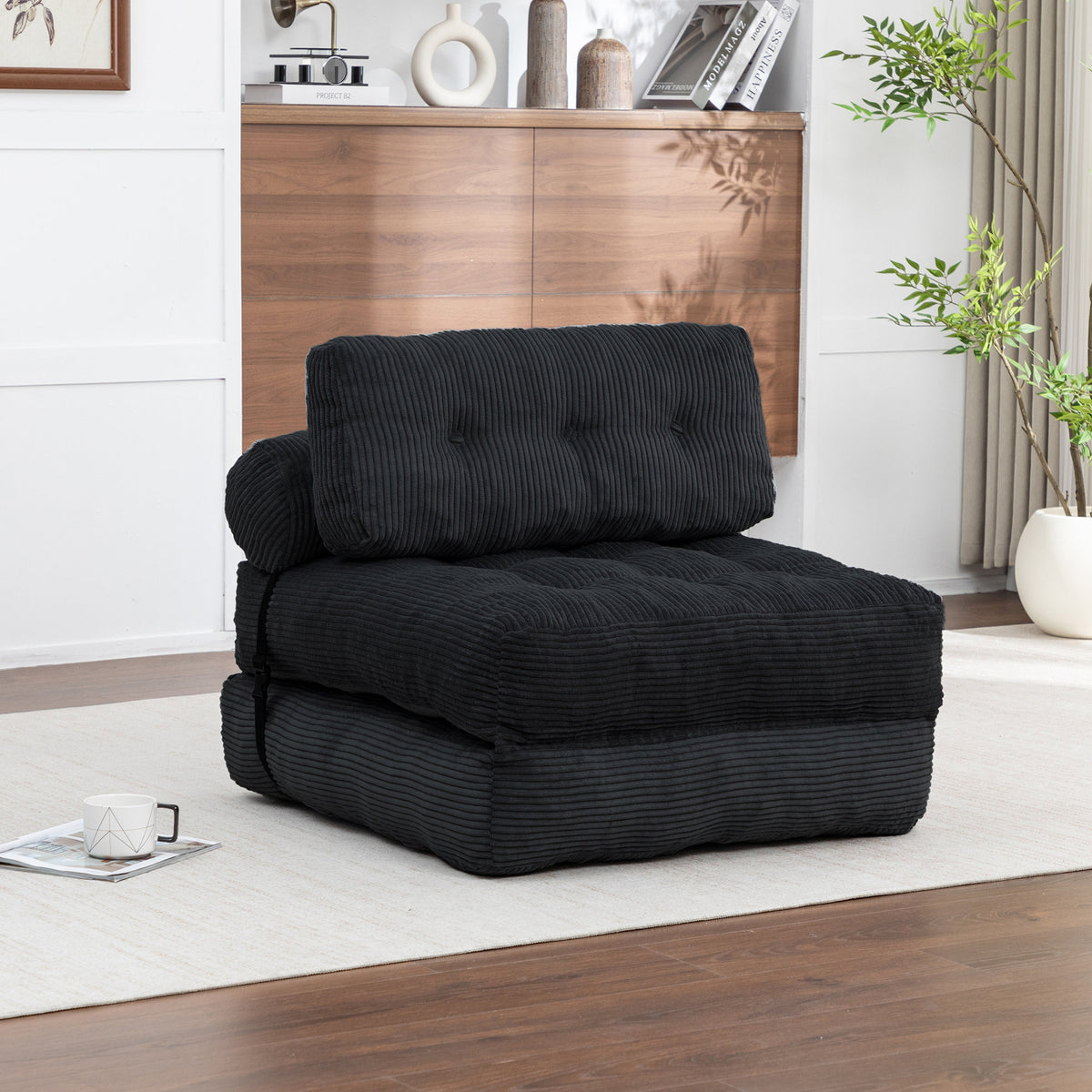 Folding Sofa Bed, Convertible Sleeper Chair with Pillow Foldable Mattress with Back Support, Portable Fold Out Chair Bed Comfy Floor Sofa Lounge for Living Room Bedroom, Black , Single