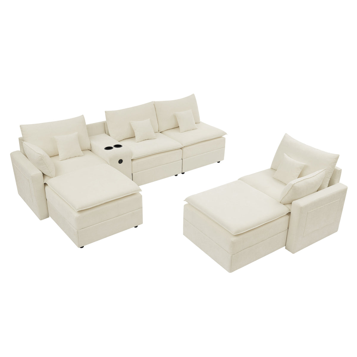 143.8'' U-shaped Modular Sectional Sofa with Center Console, Cup Holder, USB Charger,Movable Ottoman,Modern Comfy 4-6 Seater Chenille Cloud Couch for Spacious Living Room, Beige