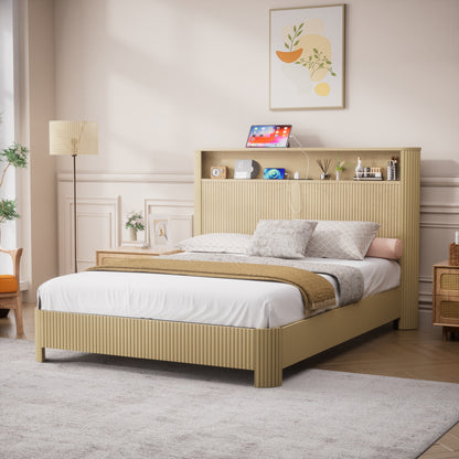 Queen Size bed frame with storage headboard, built-in charging station, wavy curved lines design, silent operation, metal support, Natural