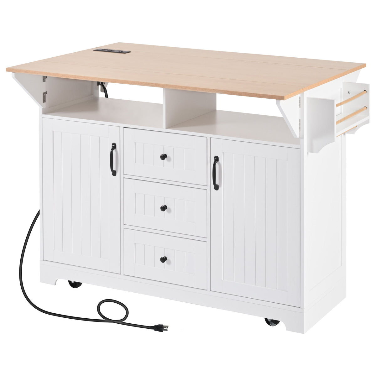 K&K 55.7'' Large Kitchen Island with 2 Drop Leaf, Rolling Kitchen Cart on 5 Wheels with Power Outlet – White