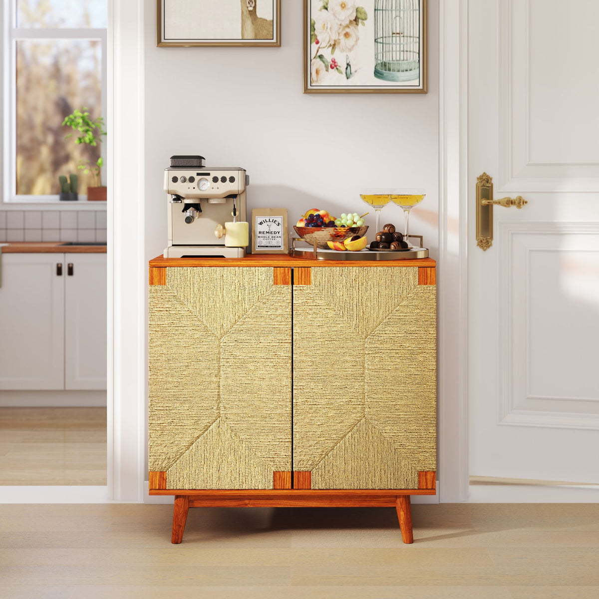 Mid Century Boho Freestanding Accent Cabinet, Handmade Paper Rope Woven Push-to-Open Double Doors, , Adjustable  Shelf, Sideboard Storage Cabinet for Kitchen Entryway  Living Room