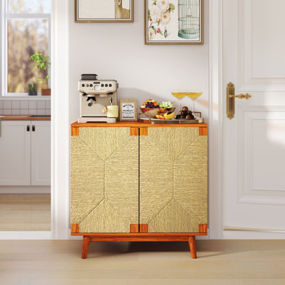 Mid Century Boho Freestanding Accent Cabinet, Handmade Paper Rope Woven Push-to-Open Double Doors, , Adjustable  Shelf, Sideboard Storage Cabinet for Kitchen Entryway  Living Room