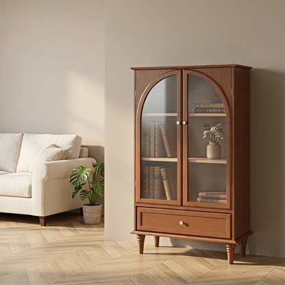 Vintage Farmhouse Arched Glass Accent Cabinet, MDF Real Wood Veneer Display Storage Cabinet with Solid Wood Legs, Adjustable Shelves & Drawer, Antique Glaze Finish