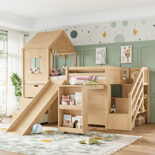 Twin Playhouse Loft Bed with Integrated Storage Drawers, Open Stair Shelves & Pull Out Desk, Kids Low House Loft Bed with Slide and Play Window, Natural