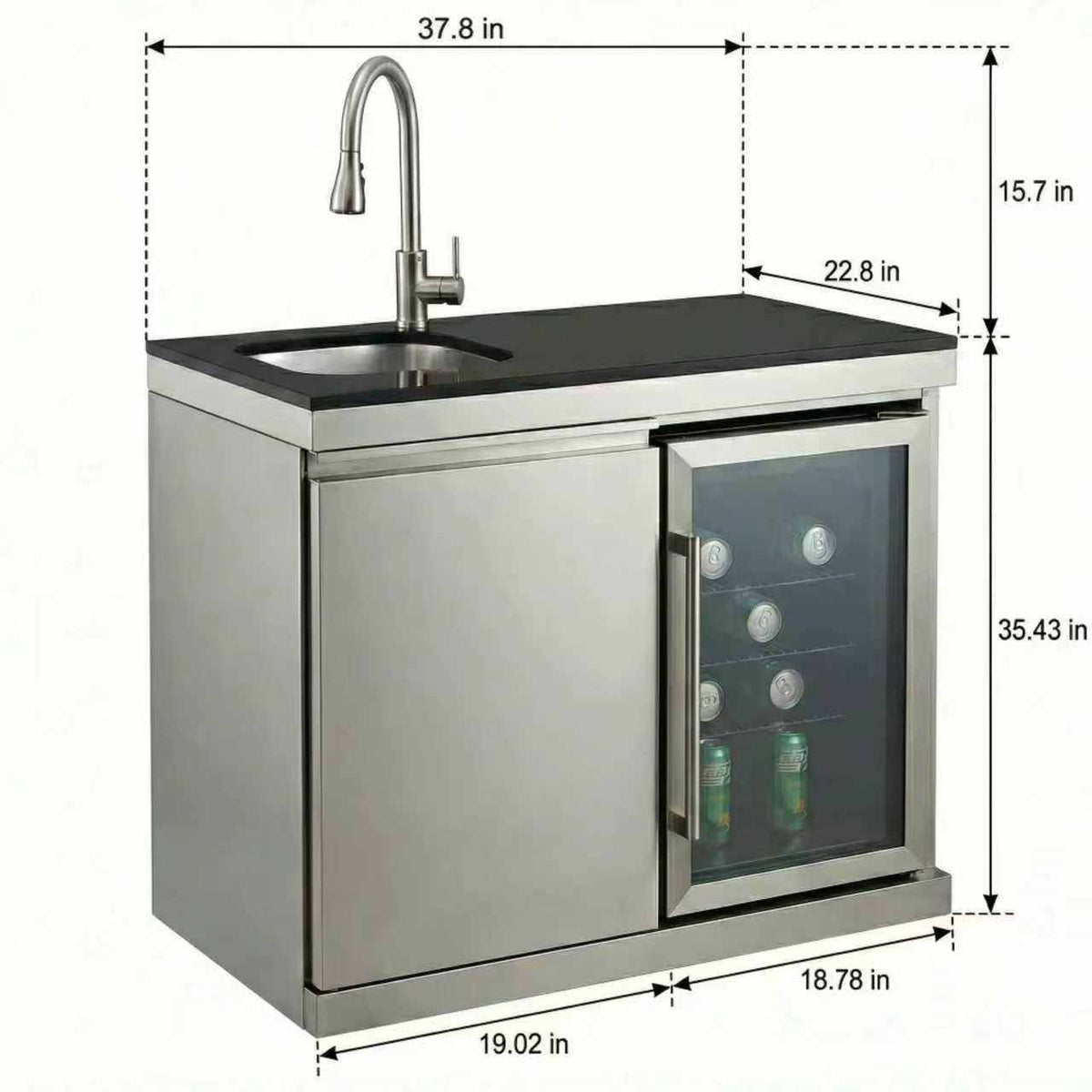 Sink and Fridge Combo for Outdoor Kitchen, 70L Refrigerator and Sink with Pull-Down Faucet, Brushed SS and Black Granite Countertops, All-in-One BBQ Island Cleaning Station (Silver)