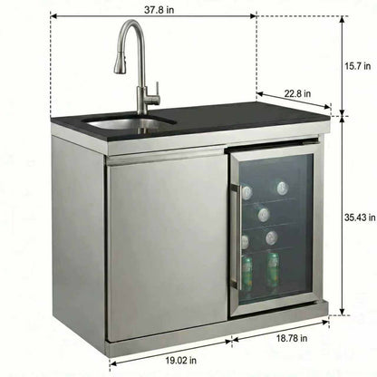 Sink and Fridge Combo for Outdoor Kitchen, 70L Refrigerator and Sink with Pull-Down Faucet, Brushed SS and Black Granite Countertops, All-in-One BBQ Island Cleaning Station (Silver)