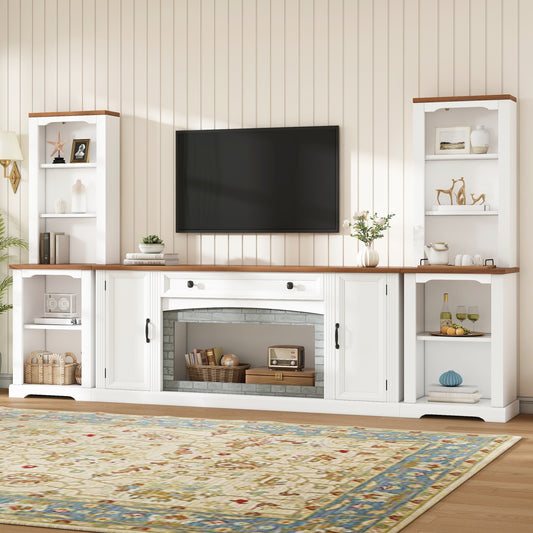 3-Piece TV Stand Set with Curved Side Cabinets for TVs Up to 70', Farmhouse Entertainment Center with Bookshelves, Stylish Walnut Sideboard with Drawer, Adjustable Shelves, for Living Room, White