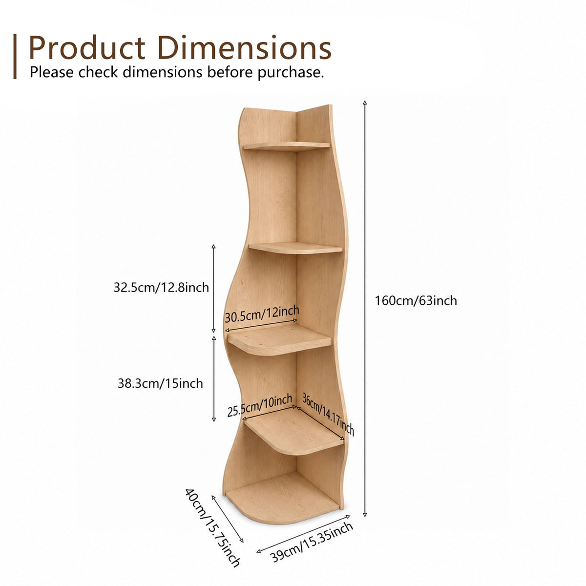 (Old Sku : W5156P534910)5-Tier Corner Shelf, Modern Wavy Corner Bookshelf, Tall Corner Storage Rack for Living Room, Bedroom, Kitchen, Home Office, Space-Saving Display Stand with Rounded Edges