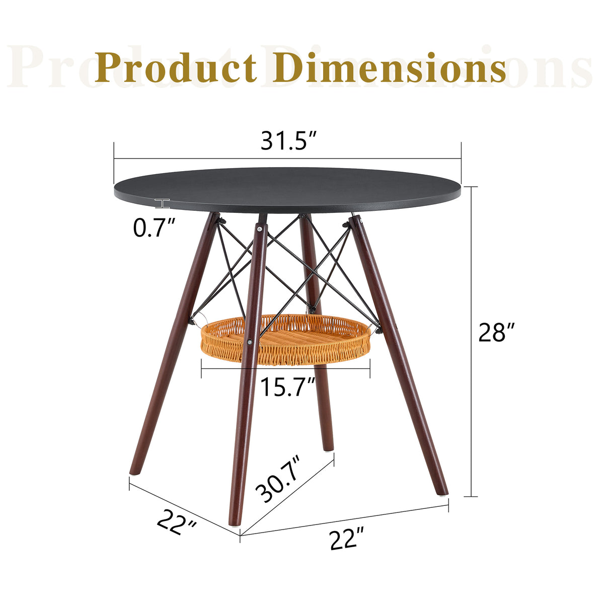 31.5-inch diameter circular dining table, black MDF vacuum formed tabletop, walnut solid wood legs