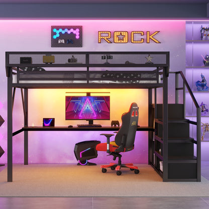 Queen Loft Bed with Desk and Charging Station, Queen Size Metal Loft Bed with Stairs and Light for Kids Teens, Black(OLD SKU W2580S00091)