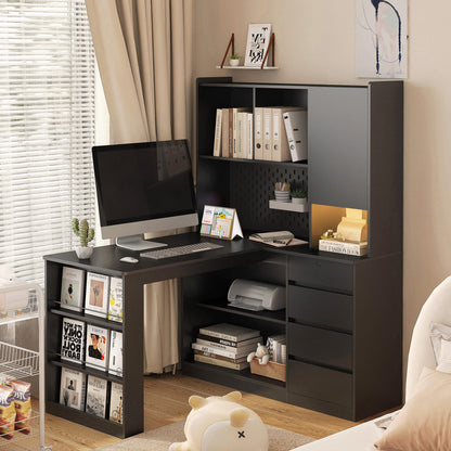 L Shaped Desk with Charger, Computer Desk with Drawers, Bookshelf, with LED Light, Modern Corner Desk, Home Office Desk – Black