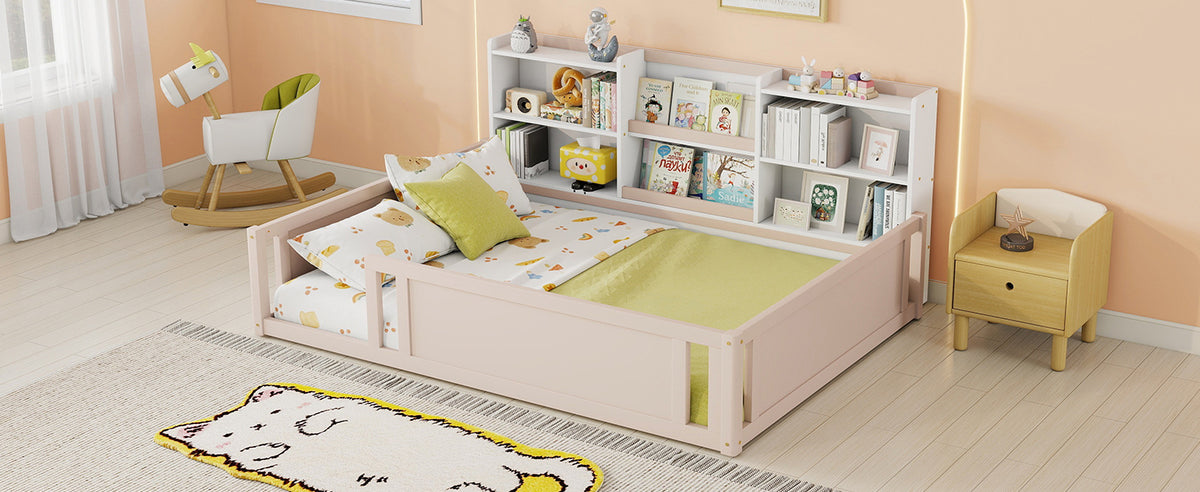Full Size Wooden Platform Floor Bed with Guardrail Fence and Convenient Side Storage Shelves, Space-Saving Kids Bed Frame,Nude and White