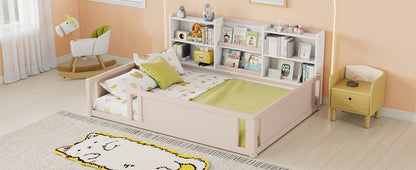 Full Size Wooden Platform Floor Bed with Guardrail Fence and Convenient Side Storage Shelves, Space-Saving Kids Bed Frame,Nude and White