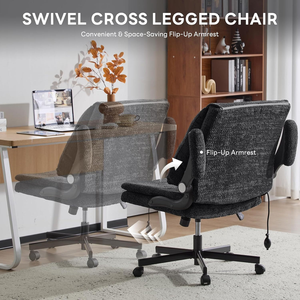 Criss Cross Legged Office Chair with Flip-Up Back Built-In Dynamic Airbag Lumbar Support, Wide Seat Desk Chair with Flip-Up Arms and Wheels, Modern Cross-Leg Chair for Home Office, Vanity, Black.