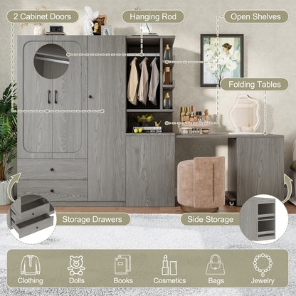 Multifunctional Wardrobe with 2 Doors and Hanging Rod, Wooden clothes closet with Convertible Desk and Storage Drawers – Model W1580S00476