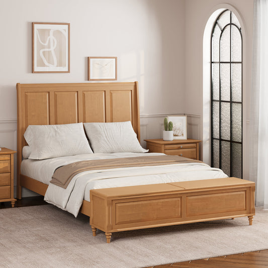 Queen Bed Frame with Tall Headboard and Storage Bench,Soild Wood Sleigh Bed with 64" Storage Chest,No Box Spring Needed, Natural