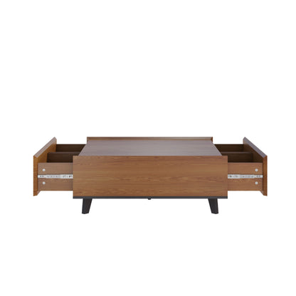 35.43" Square Walnut Finish Coffee Table with Hidden Drawer and Black Base, Modern Large Cocktail Center Table with Storage for Living Room, Apartment and Office
