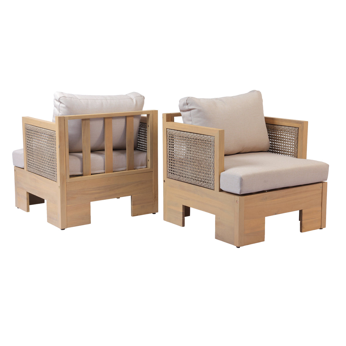 Acacia wood and rattan-woven armrests outdoor club chair with a deep seat and soft cushion, suitable for gardens, backyards, porches, and balconies,Set 2(Light Teak+Light Brown Wicker+Beige Cushion).