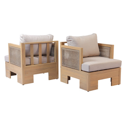 Acacia wood and rattan-woven armrests outdoor club chair with a deep seat and soft cushion, suitable for gardens, backyards, porches, and balconies,Set 2(Light Teak+Light Brown Wicker+Beige Cushion).