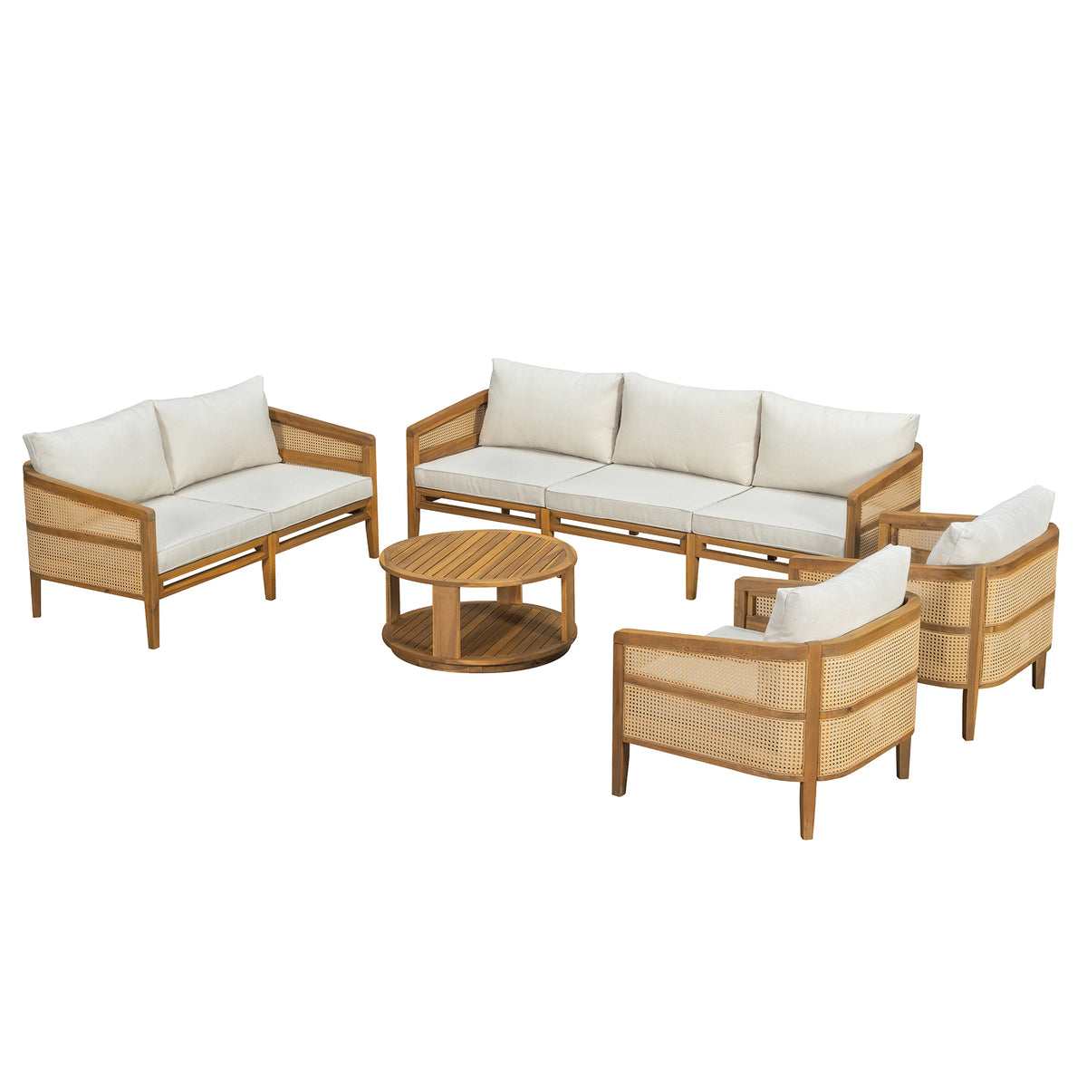 TOPMAX 5-Piece Acacia Wood Patio Furniture Set, Modular Outdoor PE Rattan Sofa Set with Loveseat, 2 Armchairs & Round Coffee Table, Water-Resistant Cushions for Backyard Poolside, Beige