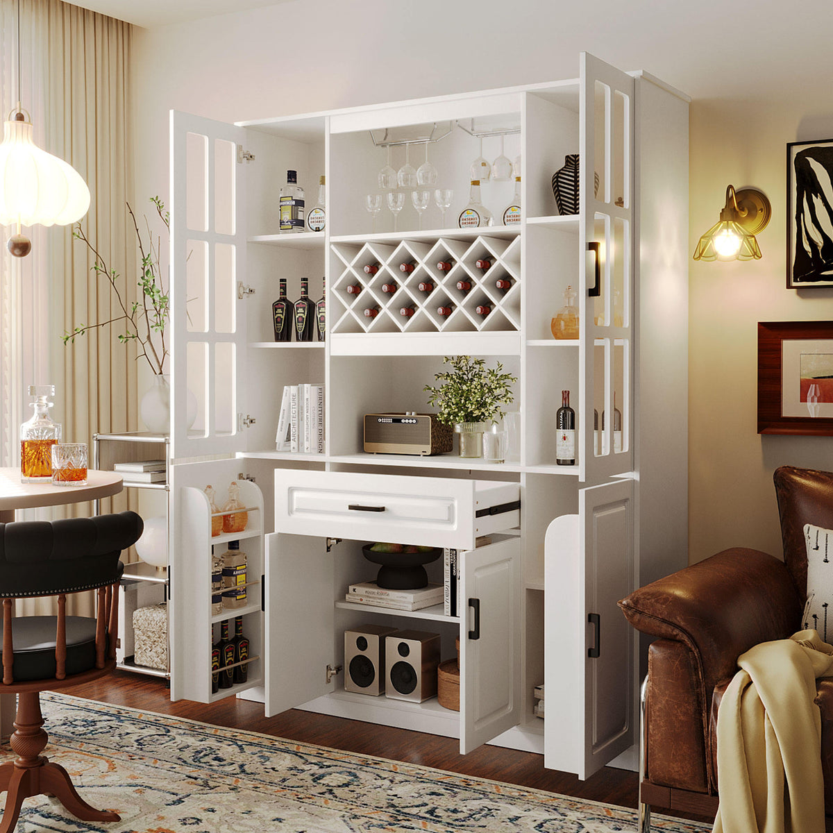 U_Style 74.1" Tall Wine Cabinet with Wine Rack & Glass Holder, 4-Door Storage Cabinet with Drawer & Open Shelves, Multifunctional Kitchen & Bar Cabinet with Door Storage for Kitchen, Dining Room