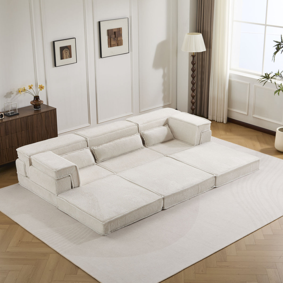 Compression Mahjong Sofa, Convertible Floor Sofa Bed, DIY Boneless Modular Sectional Sofa, No Assembly Required, Circle fleece fabric – Model W3723S00019