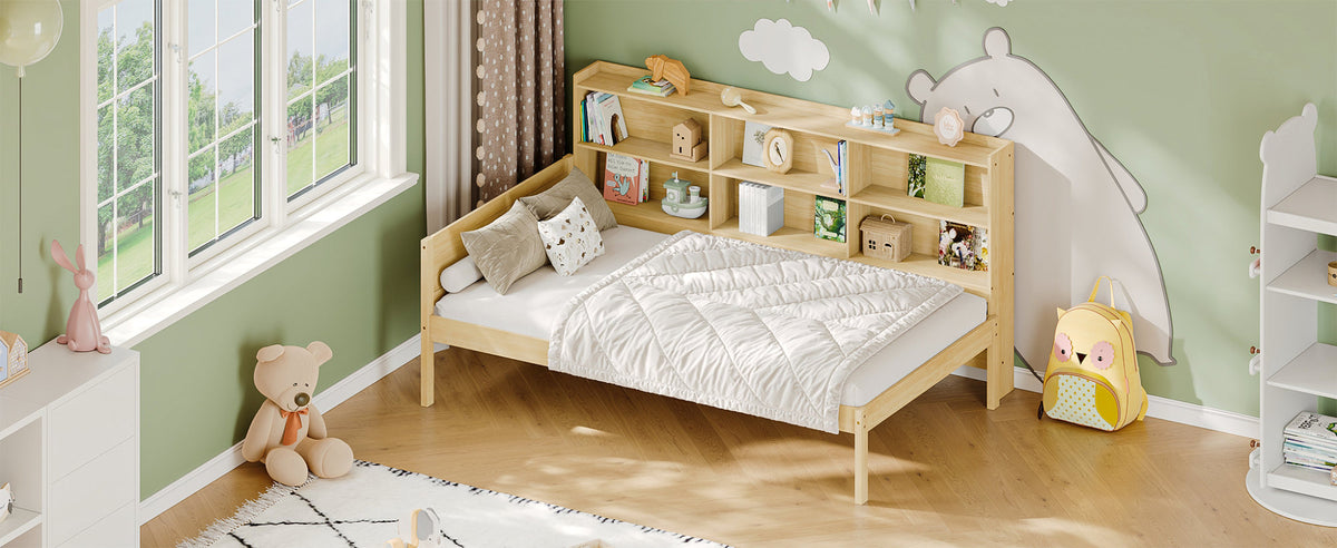 Twin Size Solid Wood Single Bed with Large Multi-compartment Storage Headboard Bookshelf, Simple Solid Wood Bed Frame, Multi-functional Storage Bed for Bedroom,Natural
