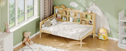 Twin Size Solid Wood Single Bed with Large Multi-compartment Storage Headboard Bookshelf, Simple Solid Wood Bed Frame, Multi-functional Storage Bed for Bedroom,Natural