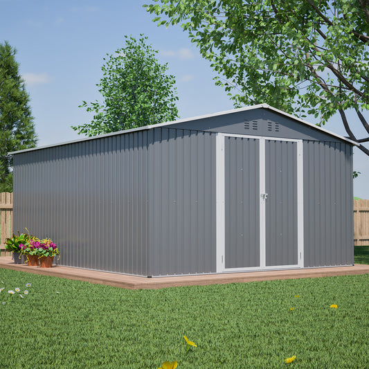 11x13 FT Metal Storage Shed with Reinforced Floor Frame Large 140.5 ft² Outdoor Garden Tool House Lockable Doors & 4 Air Vents Weatherproof