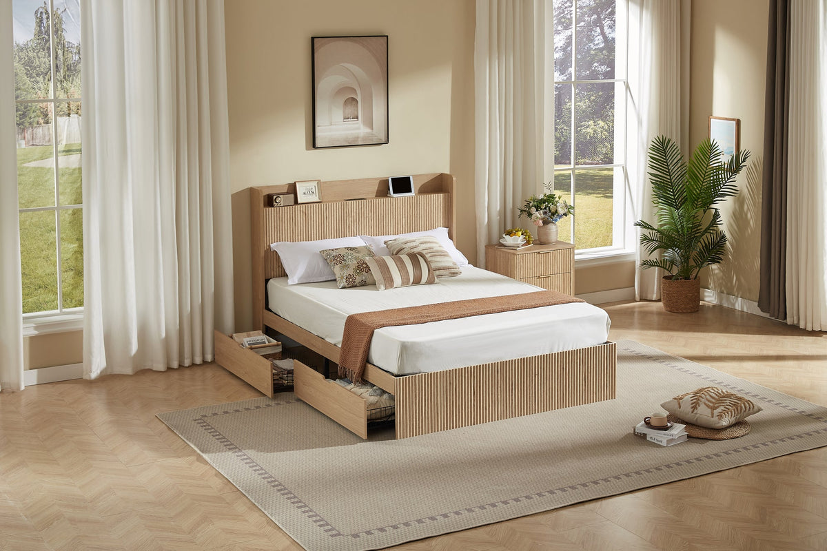 Queen Size Platform Bed Frame with 4 Storage Drawers and Built-in Charging Station, Wooden Storage Box Bed, Large Capacity Organizer Bed Frame for Bedroom,Natural