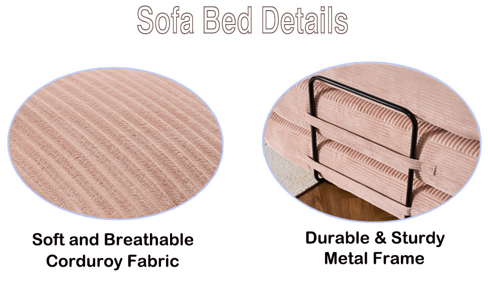 Convertible Sleeper Sofa Bed with Cylindrical Pillow, Corduroy Folding Mattress Couch with Fixed-Shape Frame, Floor Sofa Lounge Couch - Pink