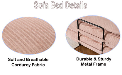 Convertible Sleeper Sofa Bed with Cylindrical Pillow, Corduroy Folding Mattress Couch with Fixed-Shape Frame, Floor Sofa Lounge Couch - Pink