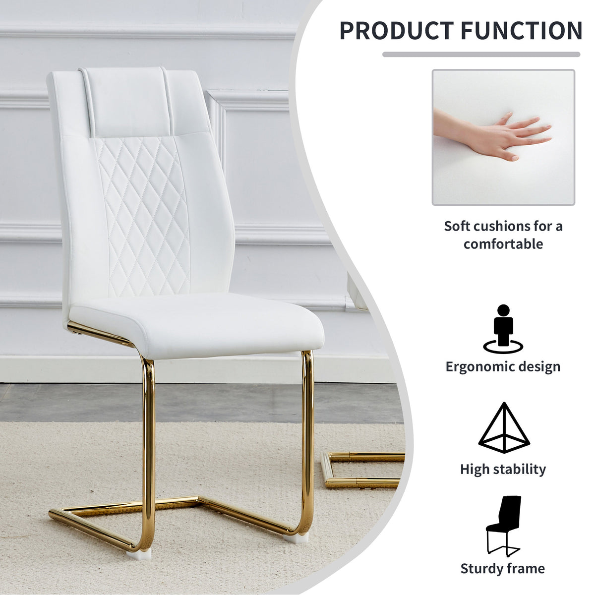 Modern dining chairs, dining room chairs, and golden leg cushioned chairs made of artificial leather, suitable for kitchens, living rooms, bedrooms, and offices. Set of 6 pieces (white+PU )W1151110421