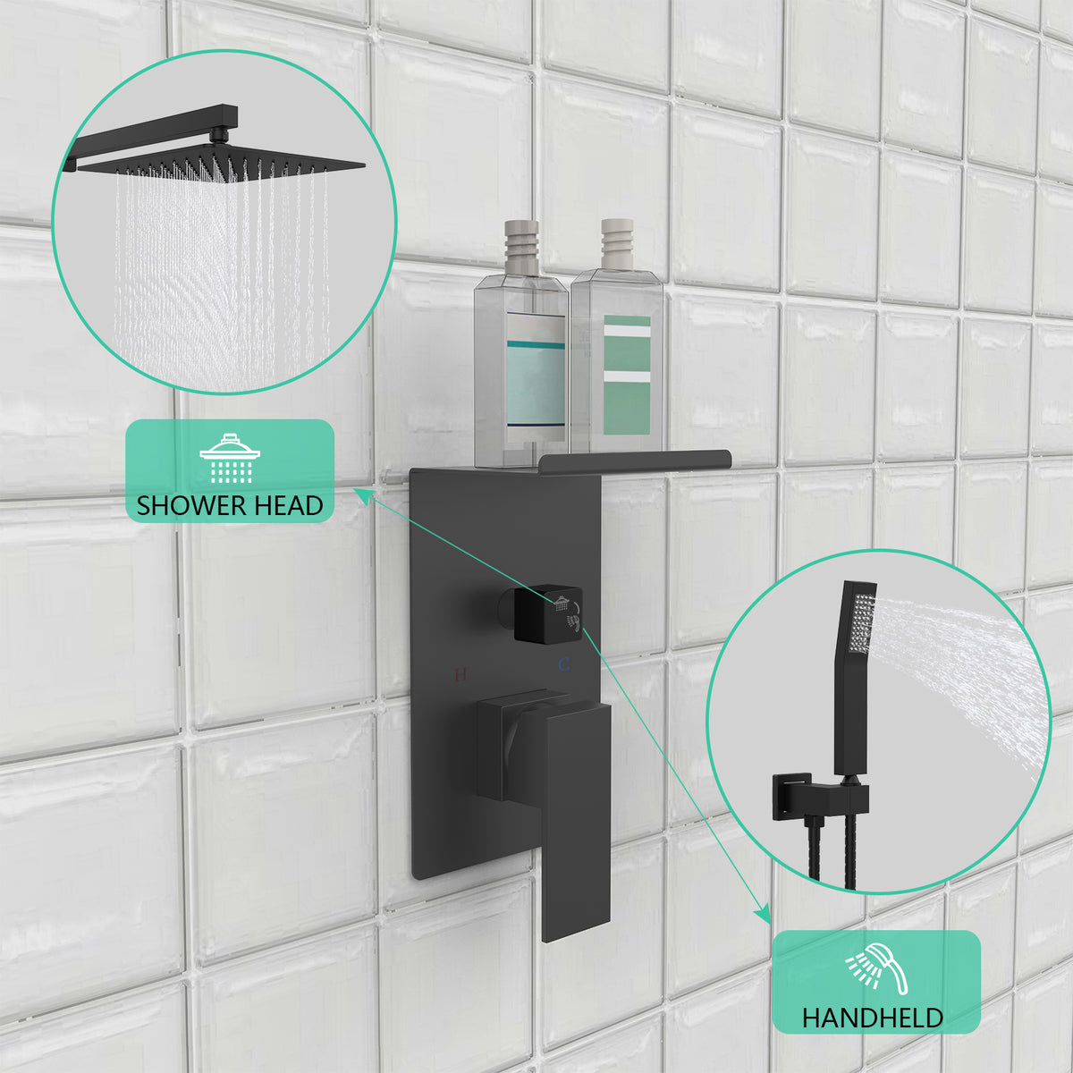 Rainfall Shower System With Storage Rack 10 inch Shower Faucet Set Matte Black with High Pressure with Square Shower Head Luxury Shower Set