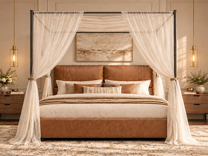 Queen Canopy Bed Frame,  Faux Leather Upholstered Bed with Metal Frame, Four Poster Platform Bed, No Box Spring Needed, Rustic Brown