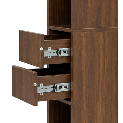 Tall Narrow Bookshelf, Slim Floor-Standing Storage Cabinet with 2 Drawers & 5 Open Shelves, Display cabinet for Living Room, Bedroom, Bathroom