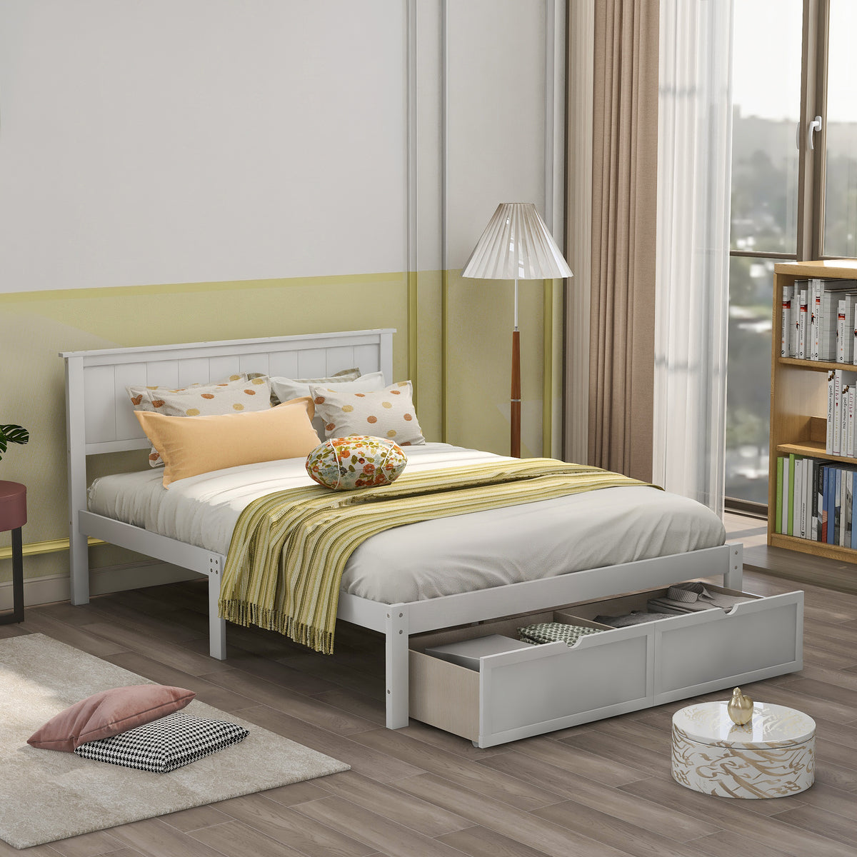 White Full Size Platform Bed with Under-bed Drawers, Solid Pine Wood and MDF, 78.3''L x 58.5''W x 36.2''H