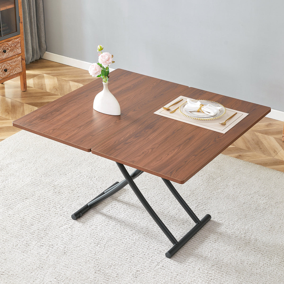 Modern minimalist multifunctional lift table with 0.8 inch thick MDF desktop and black metal legs, can be used as a dressing table, coffee table, dining table, and office table.Walnut textured desktop