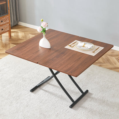 Modern minimalist multifunctional lift table with 0.8 inch thick MDF desktop and black metal legs, can be used as a dressing table, coffee table, dining table, and office table.Walnut textured desktop