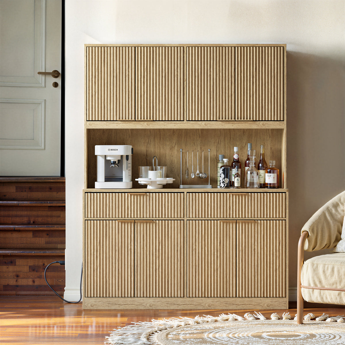 71" Tall Kitchen Pantry Cabinet with Power Outlet, Hollow Open Countertop, Modern Multi-Functional Storage Hutch Cabinet for Dining Room, Entryway and Living Room,Natural
