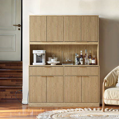 71" Tall Kitchen Pantry Cabinet with Power Outlet, Hollow Open Countertop, Modern Multi-Functional Storage Hutch Cabinet for Dining Room, Entryway and Living Room,Natural