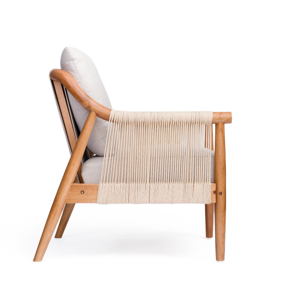 Accent Chair, Solid Hardwood Frame with Hand-Woven Paper Rope Arm, Mid-Century Modern Armchair with Soft Linen-Blend Cushion, Natural Wood Finish for Living Room, Bedroom, Reading Nook, Entryway
