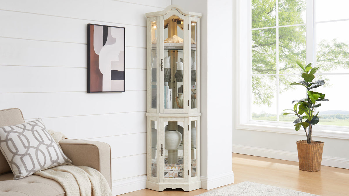 Curio Cabinet Lighted Glass Display Curio Cabinet w/Tempered Glass Doors and Shelves, Crown Corner Cabinet with Bulb, Corner Storage Decoration for Living room and Bedroom WHI