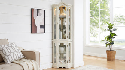 Curio Cabinet Lighted Glass Display Curio Cabinet w/Tempered Glass Doors and Shelves, Crown Corner Cabinet with Bulb, Corner Storage Decoration for Living room and Bedroom WHI