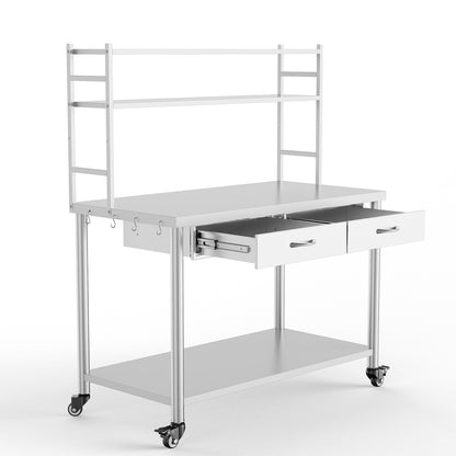 Stainless Steel Table with Shelves and Drawer, Stainless Steel Work Table with Overshelves, Adjustable Shelf and Hooks, Kitchen Prep Table for Commercial Kitchen, Restaurant and Garage
