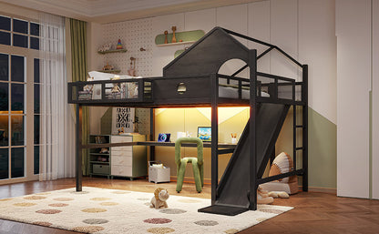Queen Size Multifunctional Loft Bed with Slide, Desk,and Storage Shelves, Metal Loft Bed Frame With USB Ports And Led Lights, Triangular Geometry House Design, Black