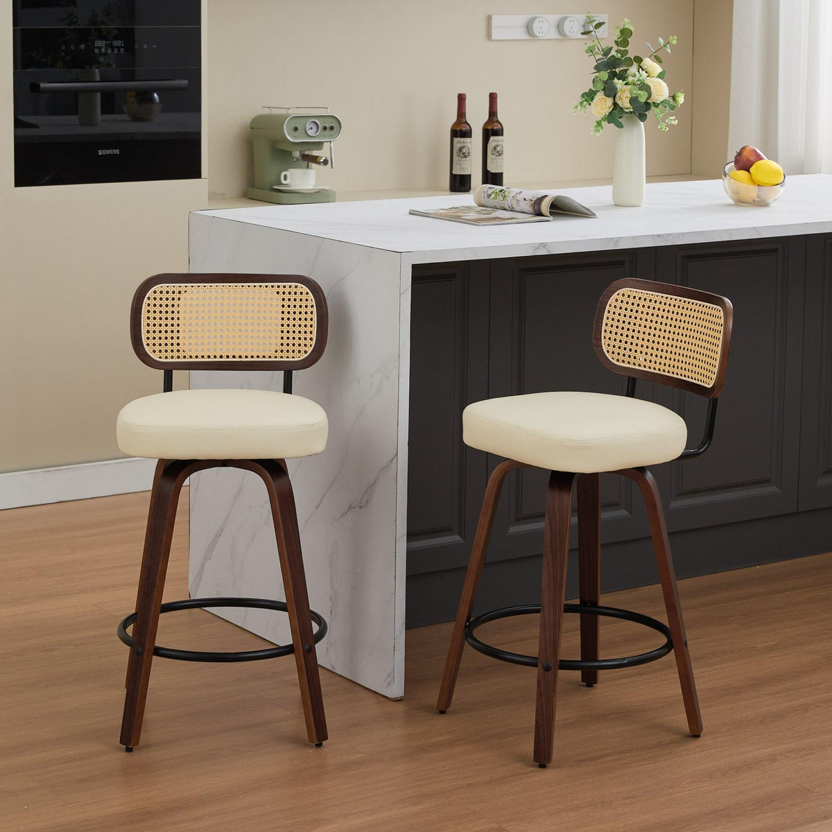 Set of 2 Counter Height Bar Stools - 26 inch Rattan Counter Height Stools with Cane Back, Upholstered Seat, Walnut Craftsmanship, Swivel Counter Stools for Island/Kitchen/Counter/Bar (Walnut /Beige)