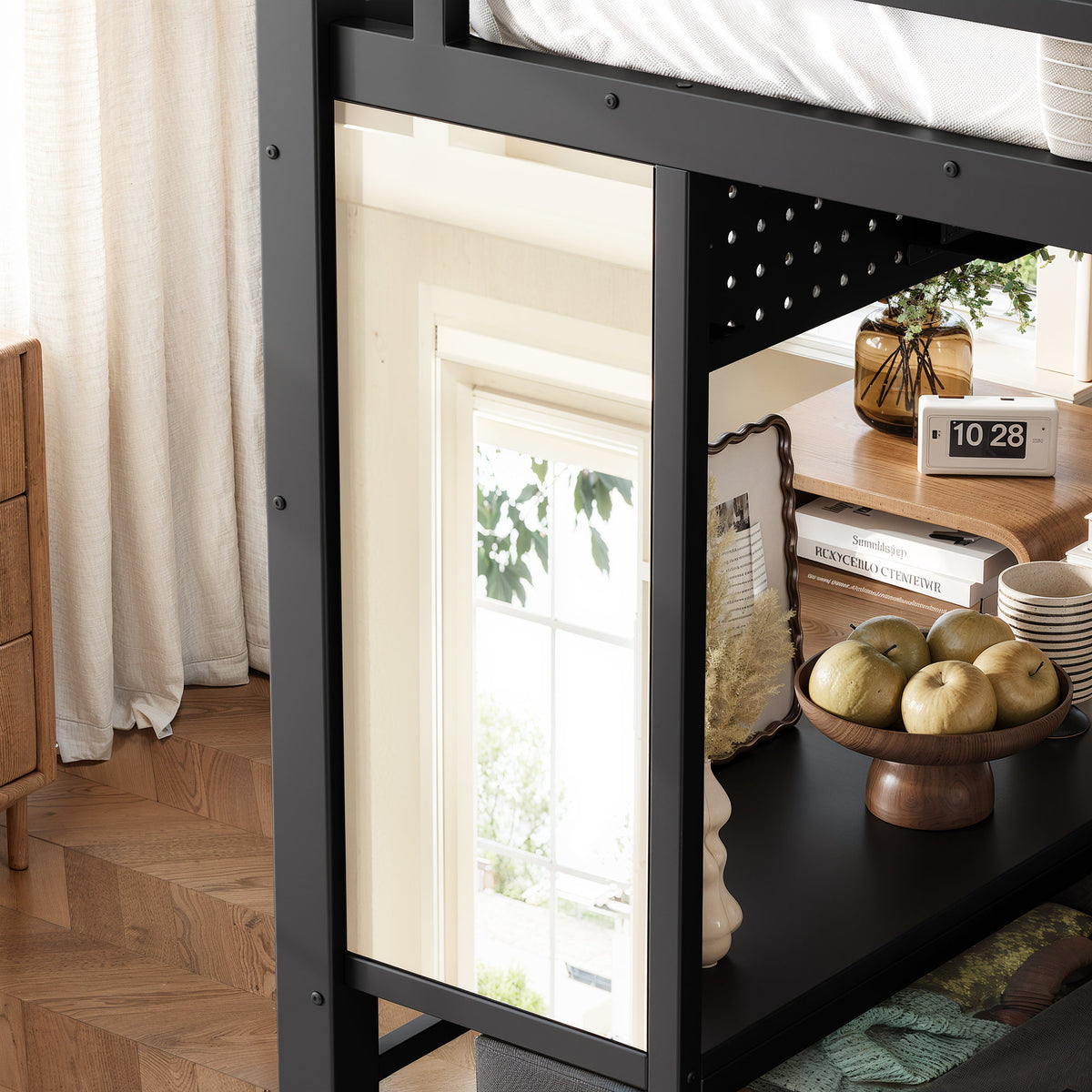 Queen Size Loft Bed with Desk, Loft Bed with Drawers, Loft Bed with Led Light and USB, Sturdy Loft bed Frame, Loft Bed with Mirror, Multi-Functional High Loft Bed for Teens Adults.Black